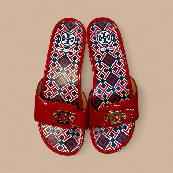 Tory Burch Dixon Red Patent Leather Wooden Sandals, Size 8.5M - Picture 2 of 6